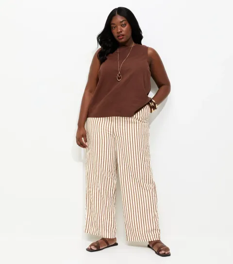 Women's Plus Size Brown Striped Seersucker Wide Leg Trousers Curves