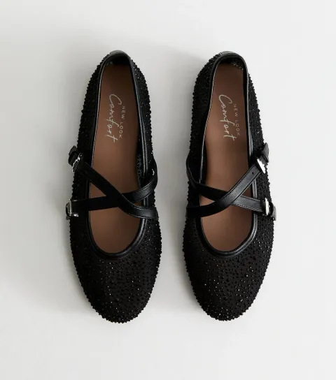 New Look Women's Black Mesh Gem Embellished Mary Jane Flats Vegan
