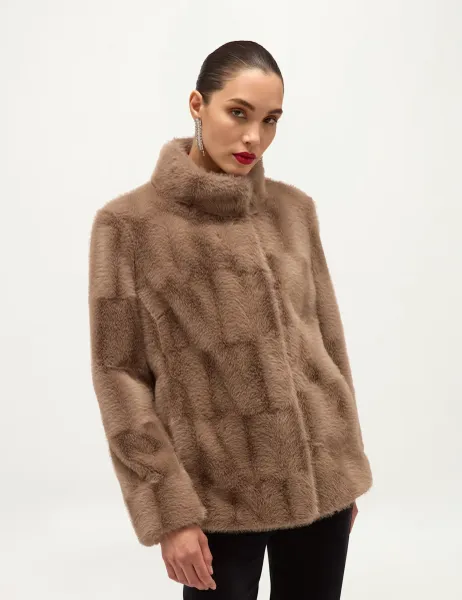 Faux Fur High Neck Cropped Coat Beige