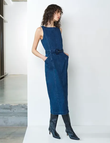 French Connection Denim Slash Neck Belted Midi Column Dress Blue