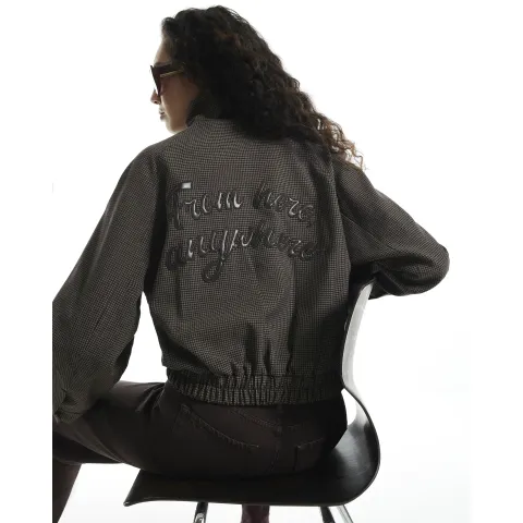 River Island Slogan Check Bomber Jacket