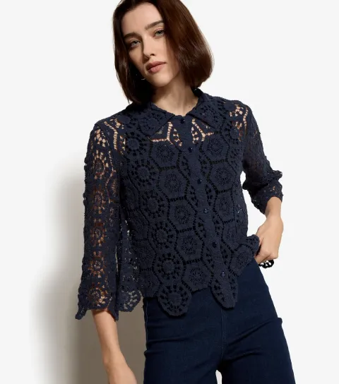 Women's Navy Crochet Shirt Top