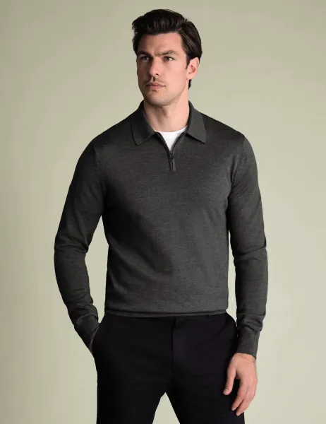 Charles Tyrwhitt Pure Wool Half Zip Knitted Polo Shirt Grey