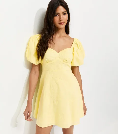 New Look Women's Yellow Floral Puff Sleeve Mini Dress