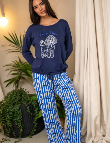 Pour Moi Pure Cotton Wide Leg Animal Pyjama Set Navy Mix
