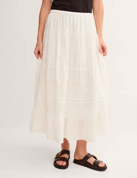Monsoon Pure Cotton Lace Trim Maxi Tiered Skirt White