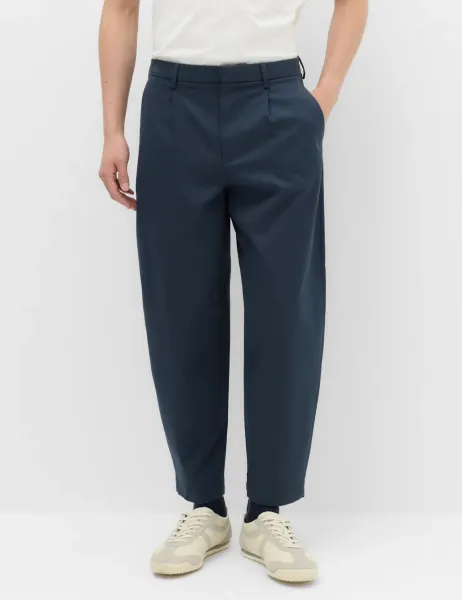 Marks & Spencer Barrel Fit Smart Twill Trousers Dark Navy
