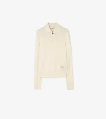 Long-sleeve Cashmere Polo Shirt in Ceramic white