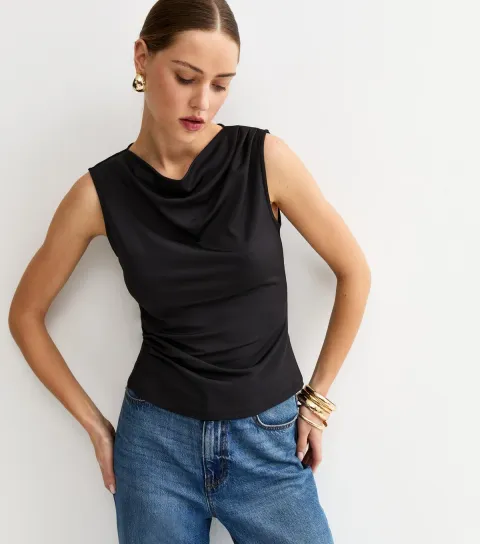 Women's Black Slinky Jersey Draped Sleeveless Top