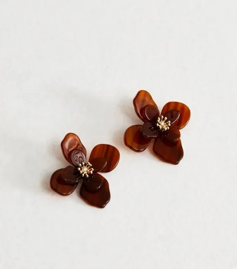 Large Dark Brown Flower Stud Earrings