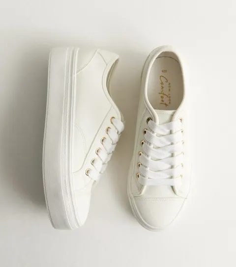 Women's White Faux Leather Flatform Trainers Vegan