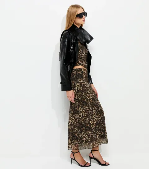 New Look Women's Brown Mesh Leopard Print Midi Skirt