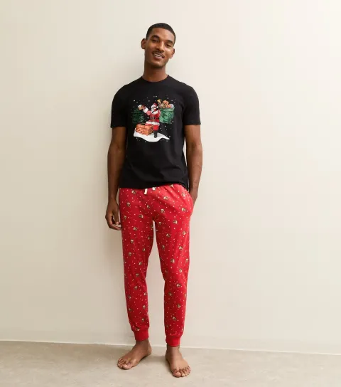 Men's Red Regular Santa Print Top and Tapered Bottoms Pyjama Set