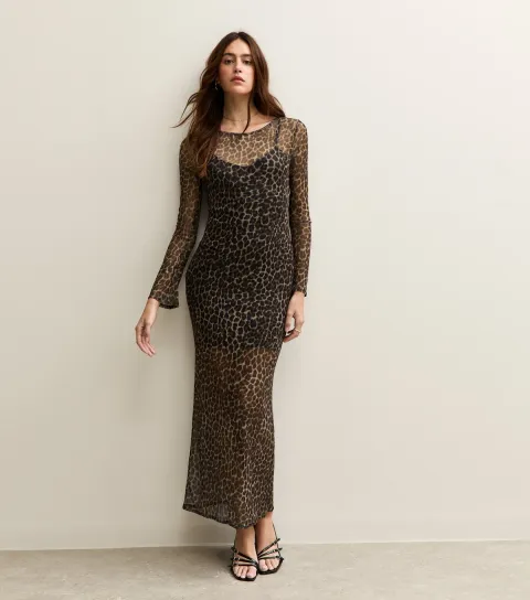 Women's Brown Leopard Print Cowl Back Mesh Midi Dress