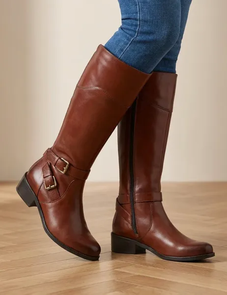 Jones Bootmaker Leather Block Heel Knee High Boots Tan