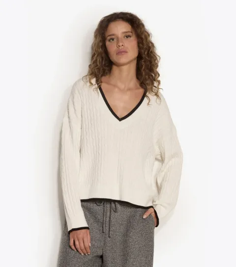 Apricot Women's White Cable Knit V-Neck Oversized Jumper