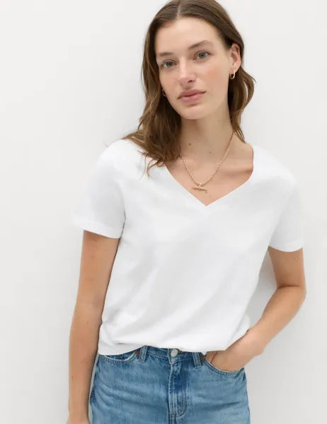 Marks & Spencer Pure Cotton V-Neck T-Shirt Soft White