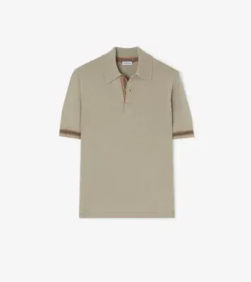 Icon Stripe Trim Wool Polo Shirt in Lichen beige
