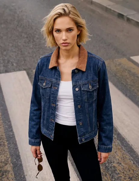 Roman Cord Collar Denim Jacket Indigo Mix