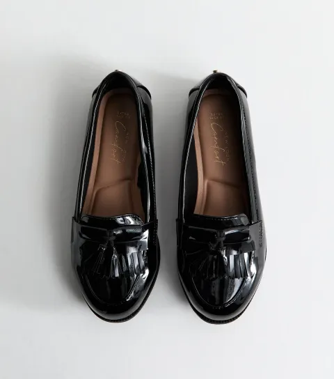 Women's Extra Wide Fit Black Patent Faux Leather Tassel Loafers Vegan