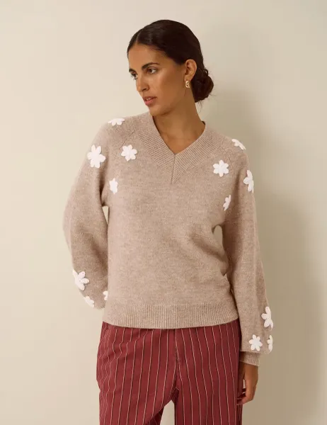 Monsoon Embroidered V Neck Jumper Beige Mix