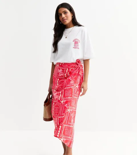 New Look Women's Pink Sea Print Sarong Skirt