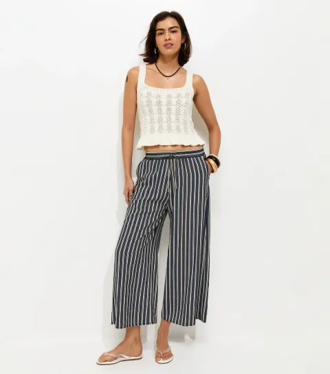 Women's Navy Striped Wide Leg Cropped Trousers