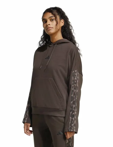 Adidas Leopard Print Sleeve Terry Relaxed Hoodie Brown