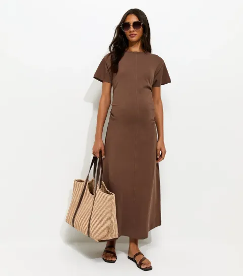 Women's Maternity Dark Brown Ruched T-Shirt Midi Dress