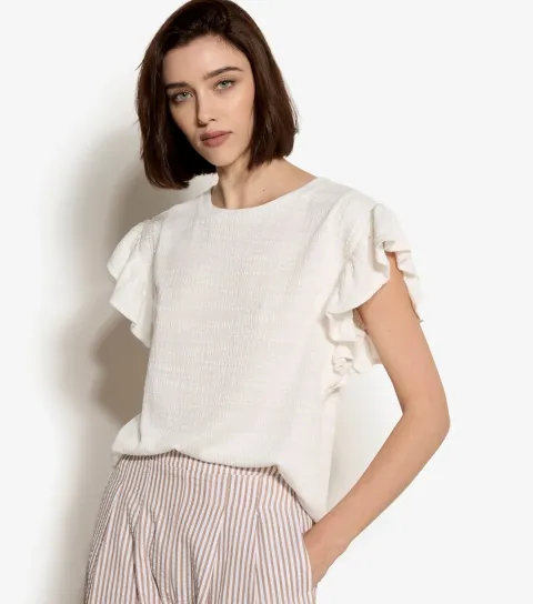 Women's White Woven Ruffle Sleeve Top