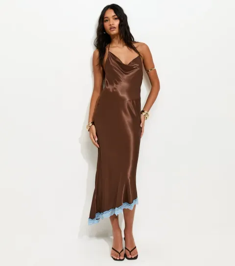Women's Dark Brown Halterneck Lace Trim Asymmetric Midi Dress