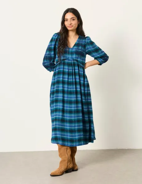 FatFace Checked Embroidered V-Neck Midi Waisted Dress Blue Mix