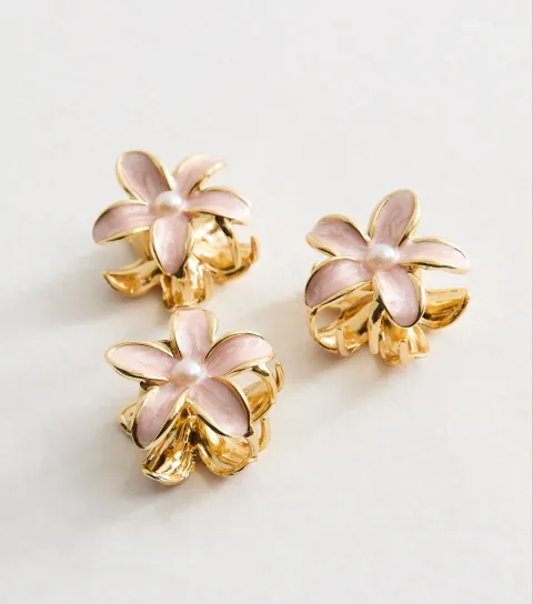 New Look Pack Of 3 Pink Flower Faux Pearl Enamel Mini Hair Claw Clips