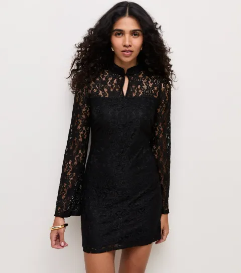 Women's Black Lace Keyhole Collared Long Sleeve Mini Dress
