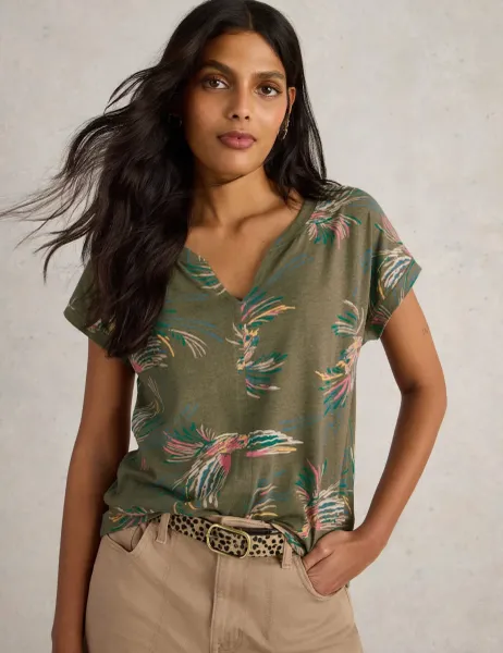 White Stuff Pure Cotton Bird Print T-Shirt Green Mix