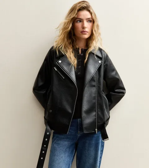 Women's Black Faux Leather Textured Oversized Biker Jacket
