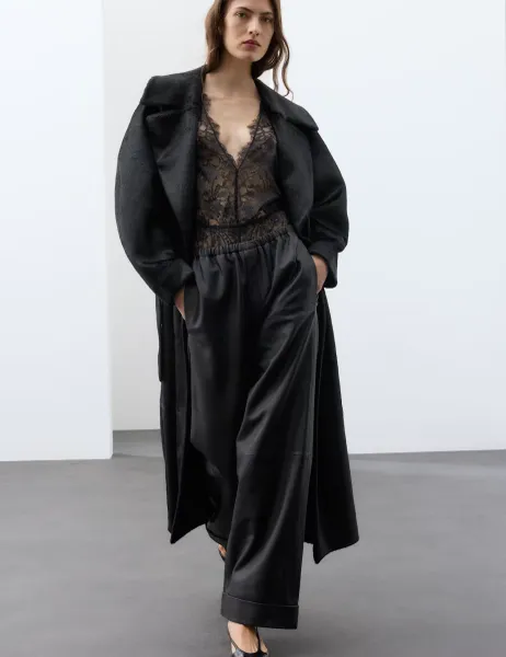 Autograph Leather Mid Rise Straight Leg Turn Up Trousers Black