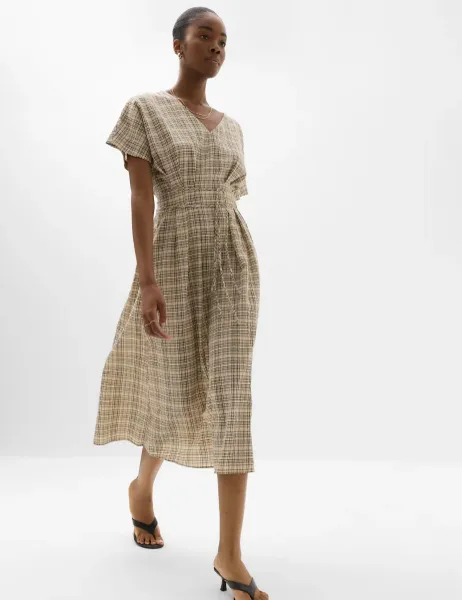 Marks & Spencer Pure Cotton Checked V-Neck Midi Waisted Dress Beige Mix