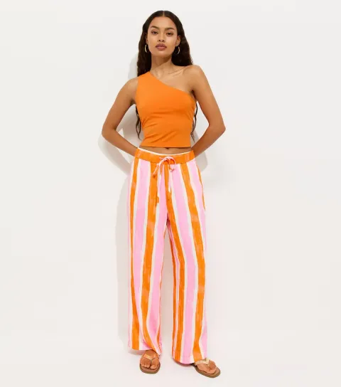 Women's Petite Pink Stripe Print Wide Leg Trousers
