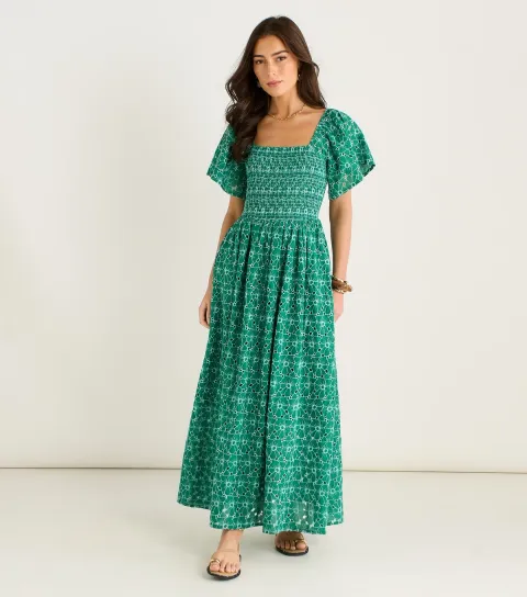 Women's Green Floral Broderie Midi Dress