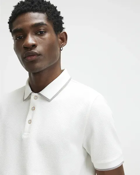 River Island Slim Fit Textured Button Polo Shirt