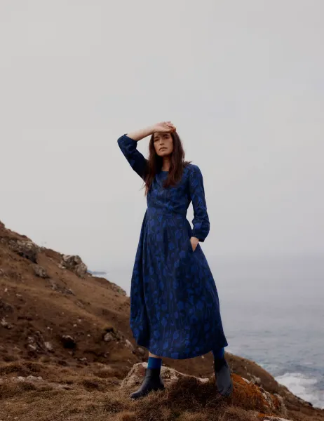 Seasalt Cornwall Floral Round Neck Midi Waisted Dress Navy Mix