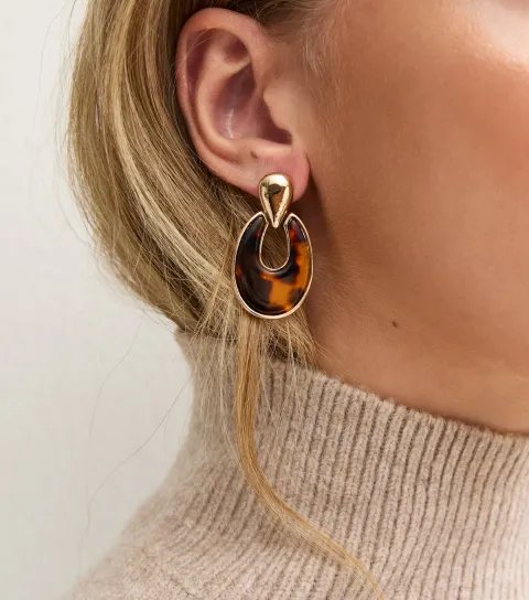 New Look Gold Tone Brown Tortoiseshell Oval Drop Earrings