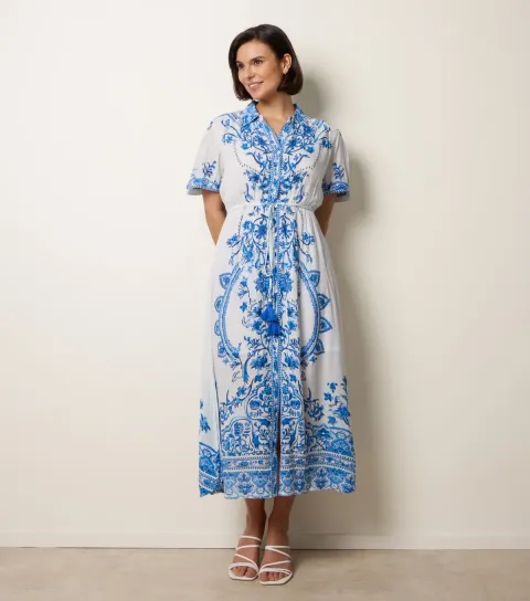 Women's Blue Floral Midi Shirt Dress