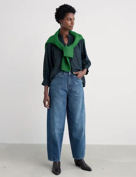 Pure Cotton Checked Relaxed Blouse Navy Mix