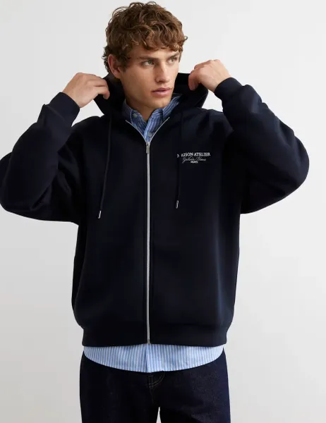 River Island Oversized Pure Cotton Printed Long Sleeve Zip Up Hoodie Navy