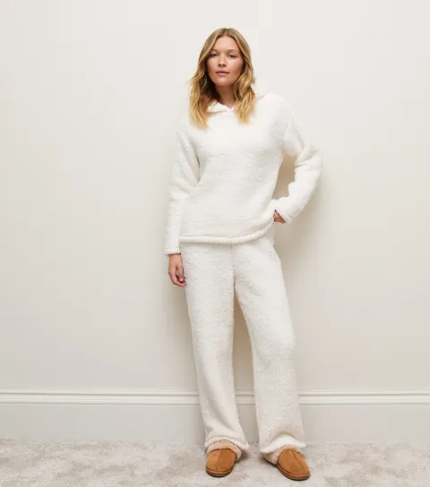 New Look Women's Cream Borg Texture Wide Leg Trousers