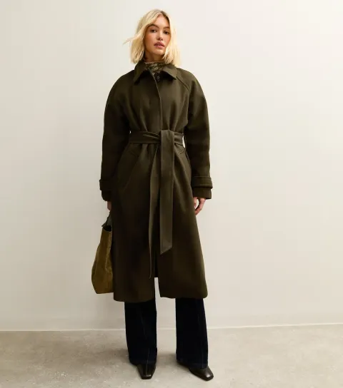 Women's Khaki Button Front Belted Midi Coat