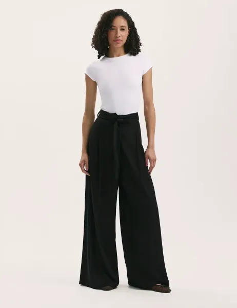 Finery London Linen Blend Belted Wide Leg Trousers Black