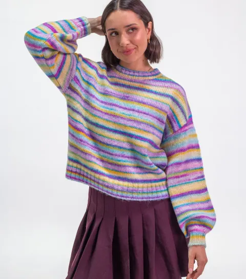 Sunshine Soul Women's Bright Purple Rainbow Stripe Balloon Sleeve Jumper